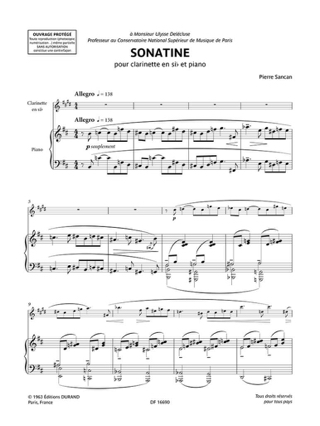 Sonatine pour clarinette et piano - Pierre Sancan - Partition